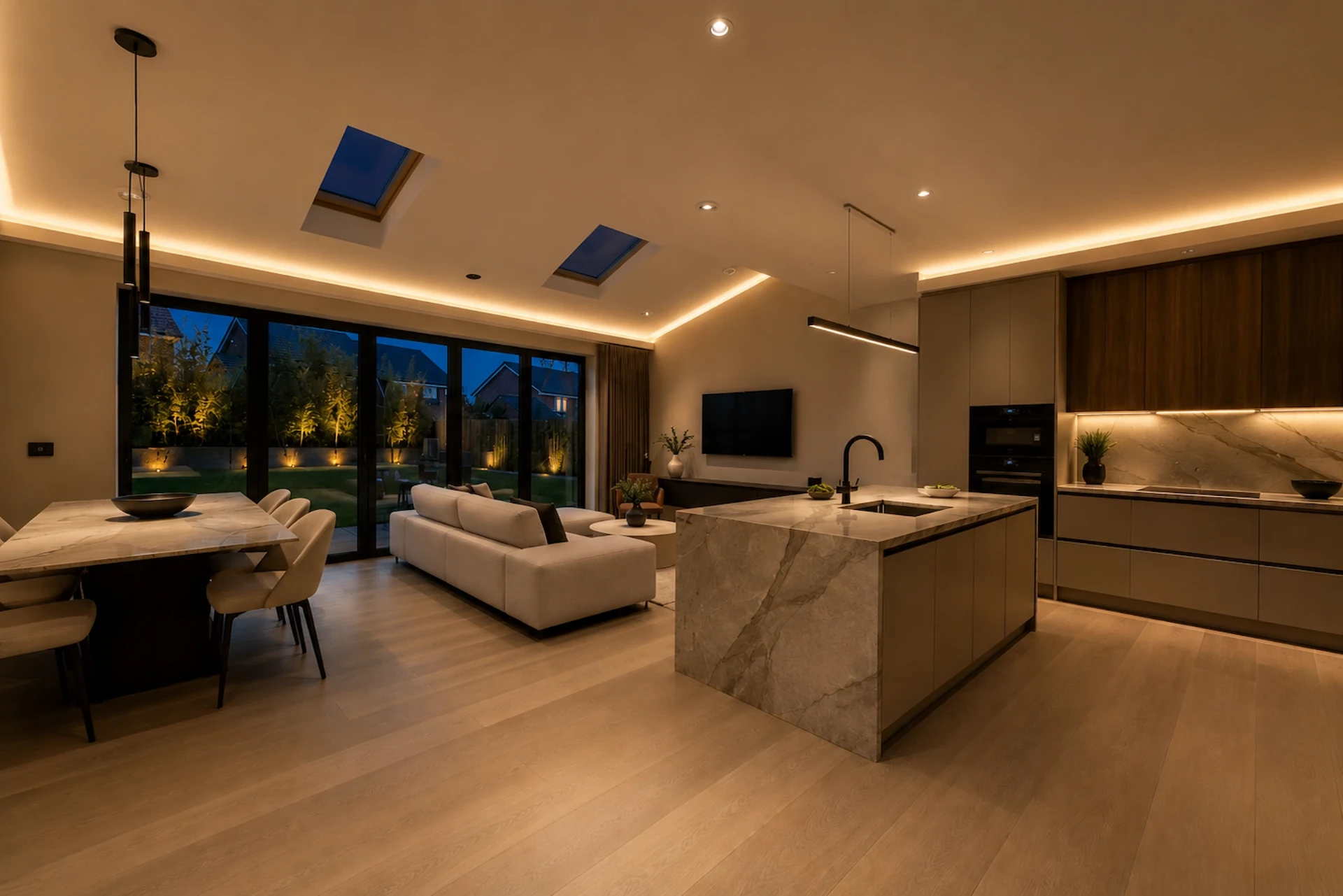 Open-plan kitchen, dining and living space at dusk, with a marble island, integrated lighting, rooflights and full-width glazing onto a lit garden